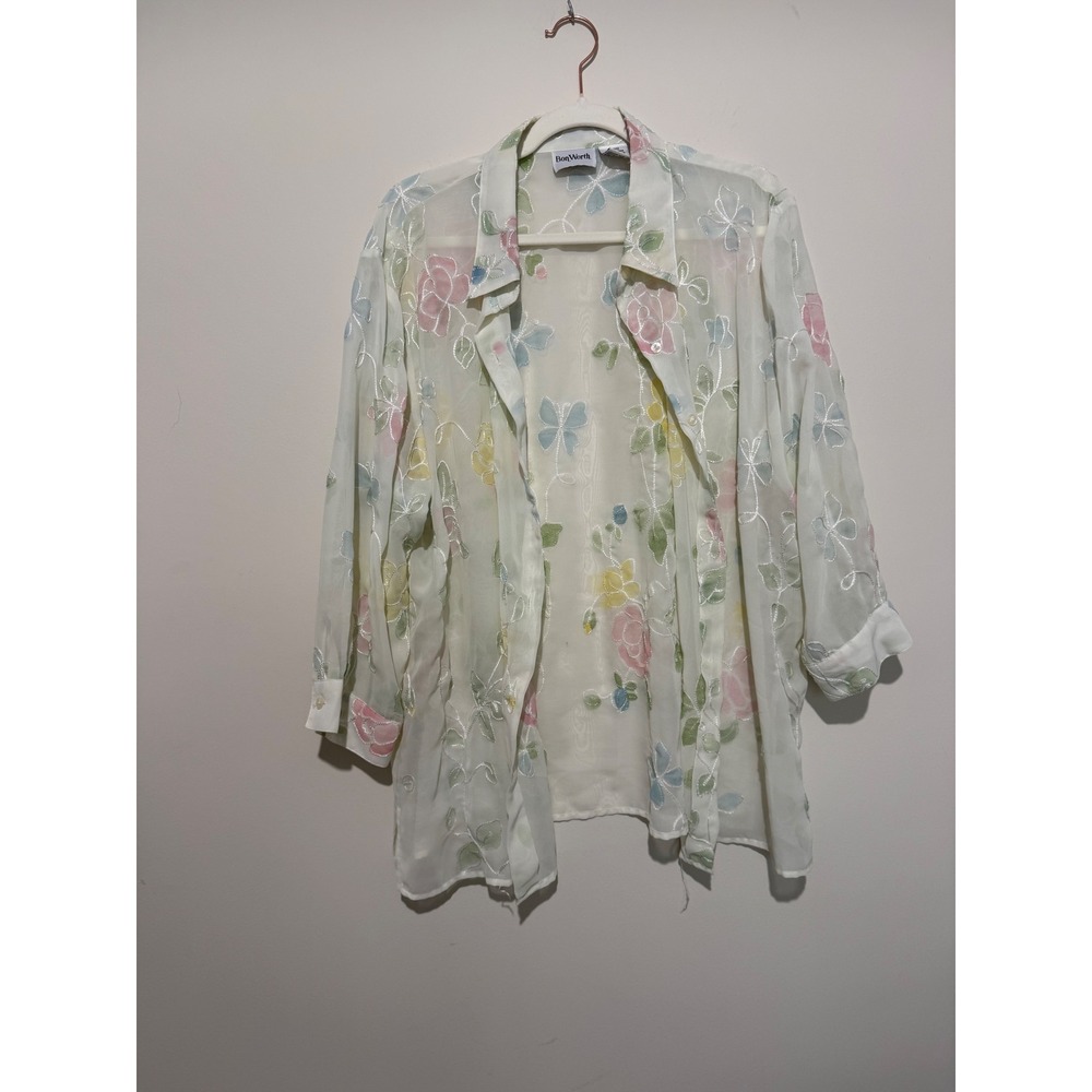 BonWorth Womens Pastel Floral Butterfly Sheer Embroidered Blouse Size L 29517